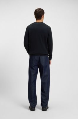 Maglione in cotone con etichetta con logo rossa, Blu scuro