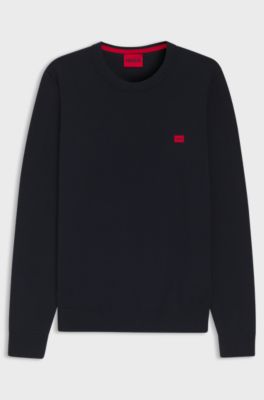 Maglione in cotone con etichetta con logo rossa, Blu scuro