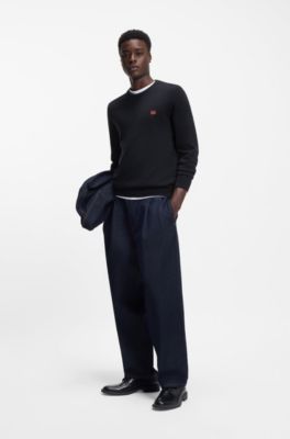 Cotton sweater with red logo label, Dark Blue