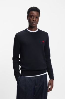 Maglione in cotone con etichetta con logo rossa, Blu scuro