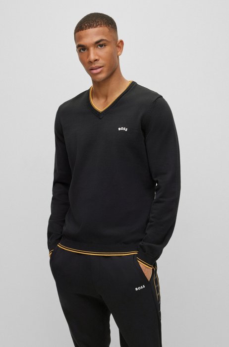 Organic-cotton V-neck sweater with curved logo, Black