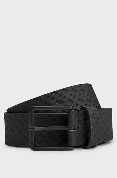 Rubberised-leather belt with monogram print and tonal buckle, Black