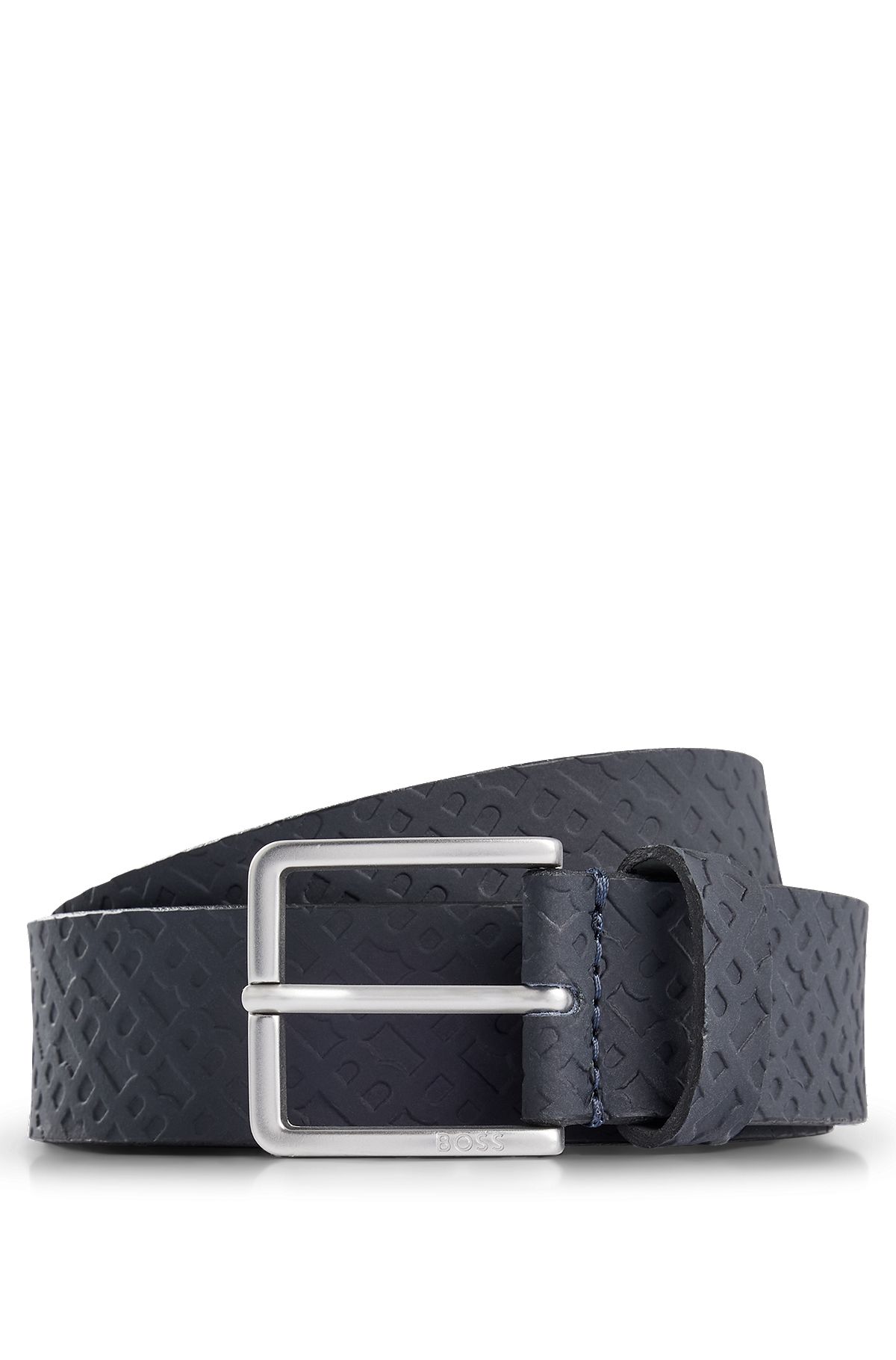 Rubberised-leather belt with monogram print and tonal buckle, Dark Blue