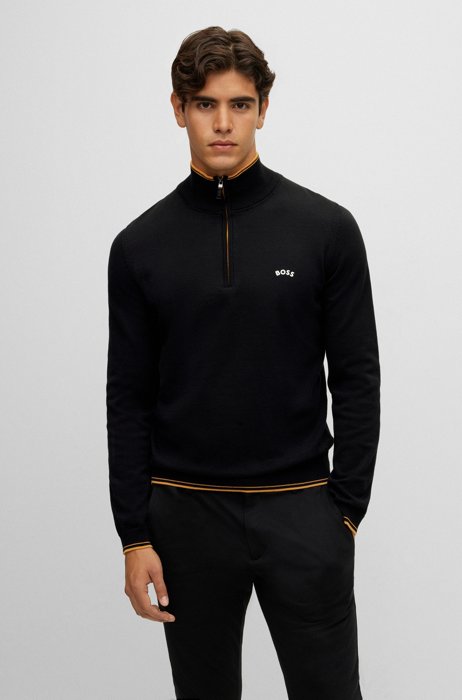 Organic-cotton zip-neck sweater with curved logo, Black