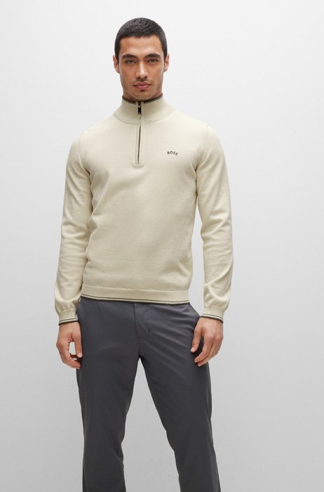 Organic-cotton zip-neck sweater with curved logo, Light Beige
