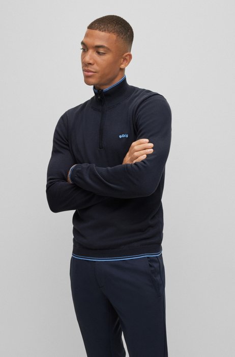 Organic-cotton zip-neck sweater with curved logo, Dark Blue