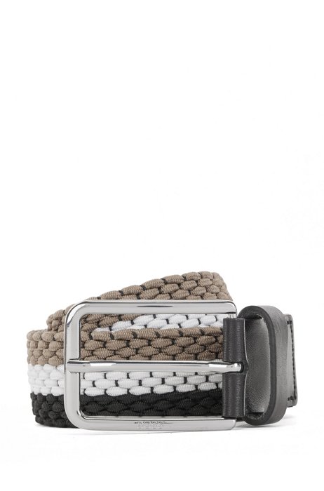 Signature-stripe woven belt with leather trims, Patterned