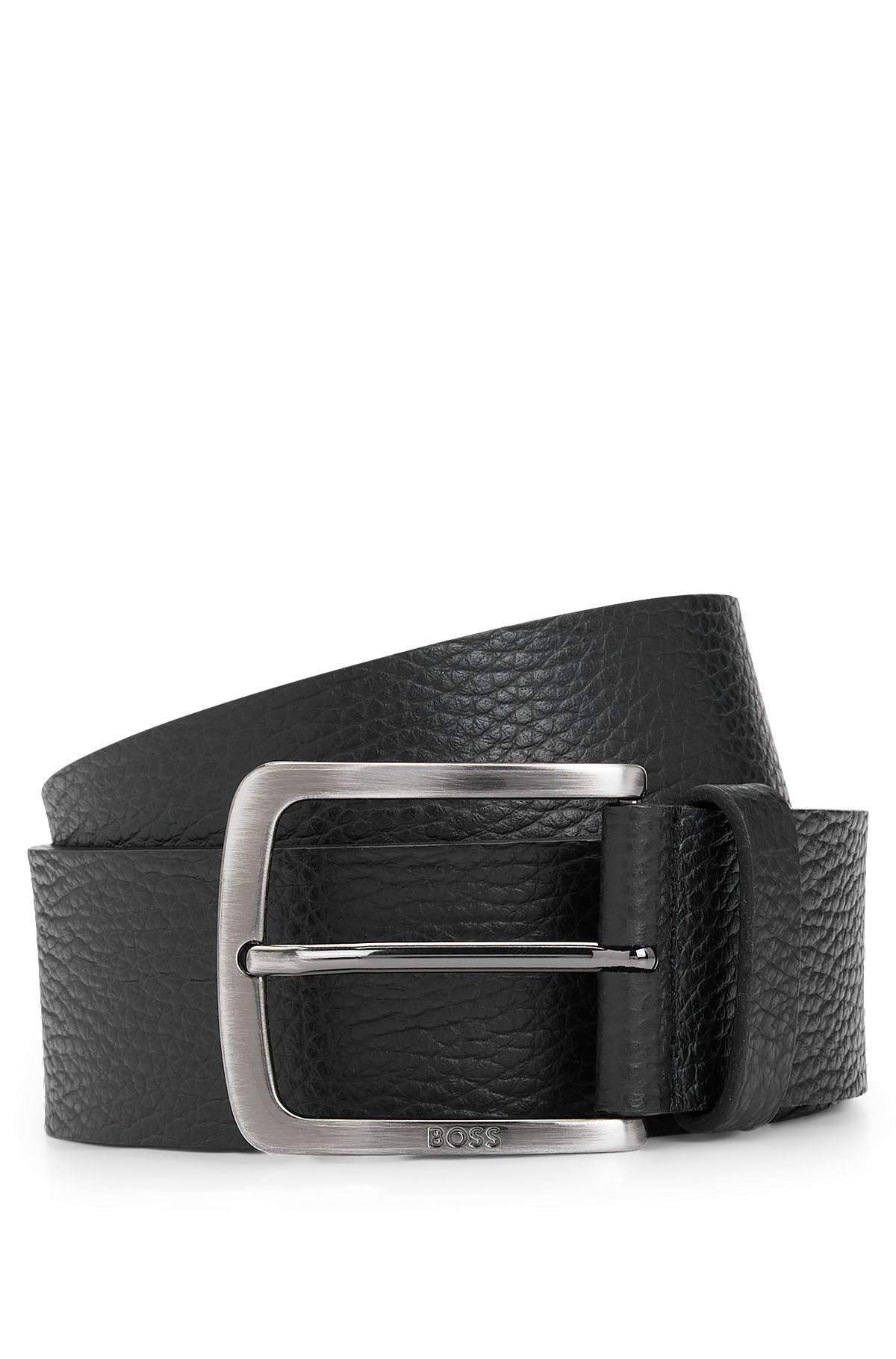 Grained Italian-leather belt with branded buckle, Black