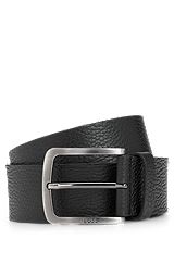 Grained Italian-leather belt with branded buckle, Black