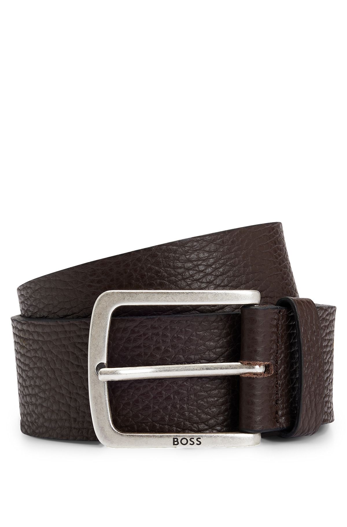 Cinturón de piel granulada italiana con hebilla de la marca, Marrón oscuro