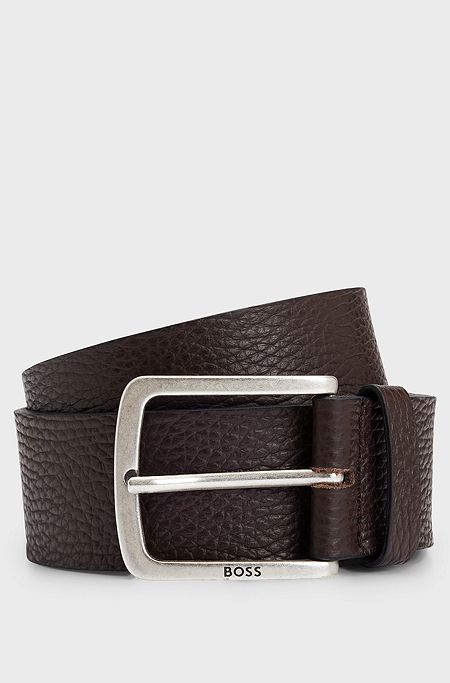 Italian-leather belt in rich grain with logo buckle, Dark Brown