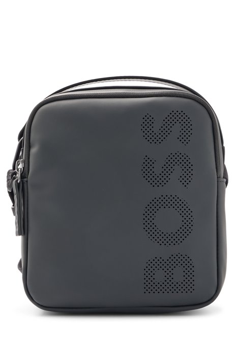 Matte rubberised reporter bag with perforated logo, Black