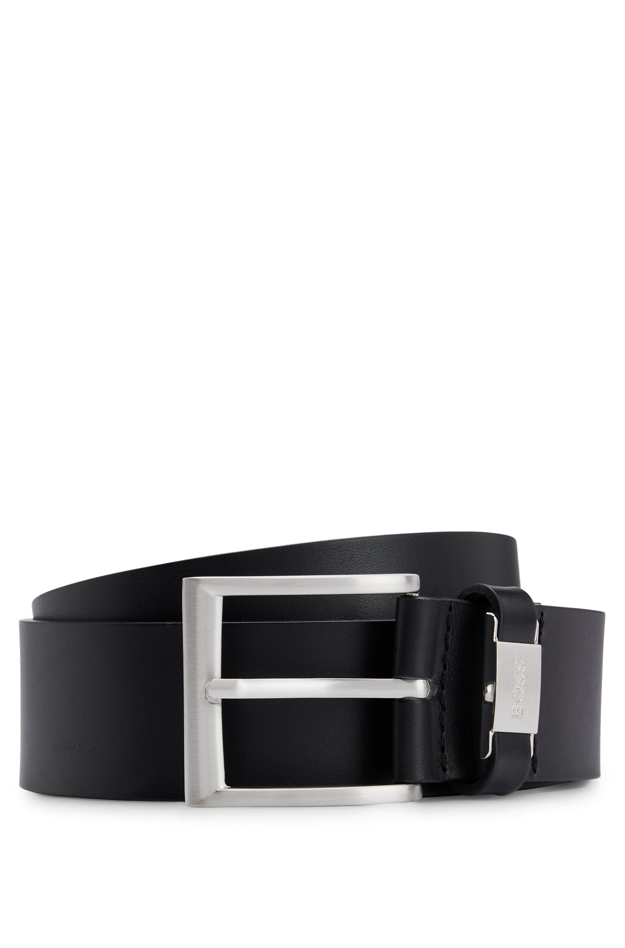Italian-leather belt with branded metal trim, Black