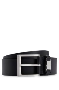 Cinturón de piel italiana con logo en la trabilla y detalles metálicos cepillados, Negro