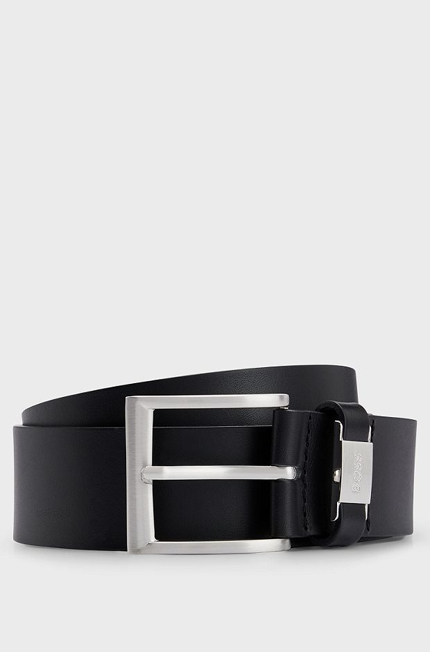 Italian-leather belt with logo keeper and brushed hardware, Black