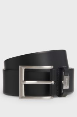 Italian-leather belt with logo keeper and brushed hardware, Black