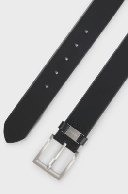 Italian-leather belt with logo keeper and brushed hardware, Black
