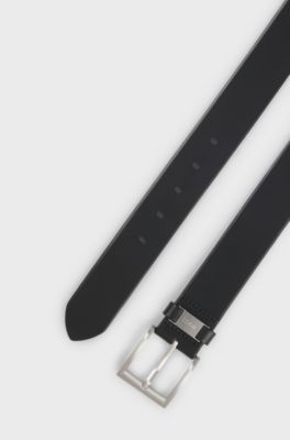 Cintura in pelle italiana con passante con logo e dettaglio in metallo spazzolato, Nero