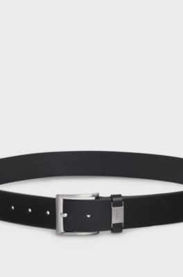 Italian-leather belt with logo keeper and brushed hardware, Black