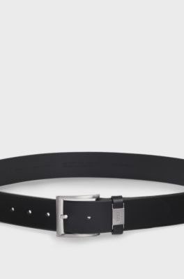 Italian-leather belt with logo keeper and brushed hardware, Black
