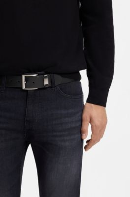 Cintura in pelle italiana con passante con logo e dettaglio in metallo spazzolato, Nero