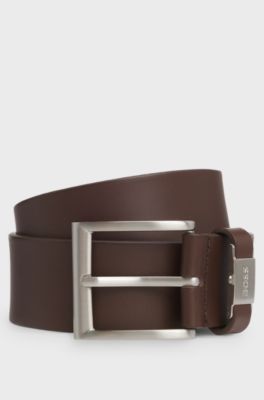 Ceinture en cuir italien avec passant logot&eacute; et d&eacute;tail m&eacute;tallique bross&eacute;, Marron fonc&eacute;