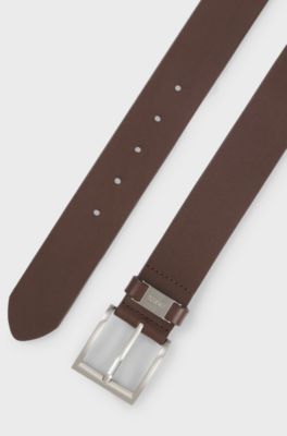Italian-leather belt with logo keeper and brushed hardware, Dark Brown