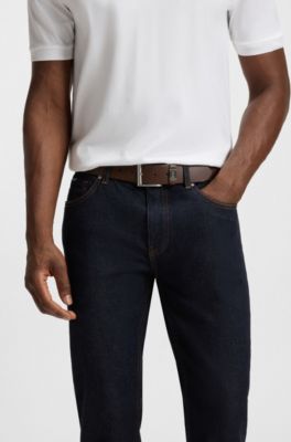 Ceinture en cuir italien avec passant logot&eacute; et d&eacute;tail m&eacute;tallique bross&eacute;, Marron fonc&eacute;