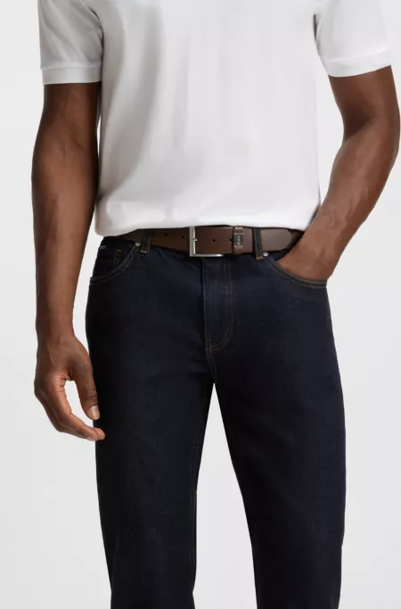 Italian-leather belt with logo keeper and brushed hardware