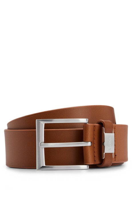 Italian-leather belt with branded metal trim, Brown