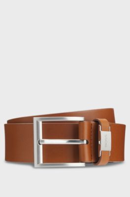 Italian-leather belt with logo keeper and brushed hardware, Brown