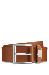 Italian-leather belt with logo keeper and brushed hardware, Brown