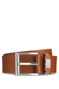 Italian-leather belt with logo keeper and brushed hardware