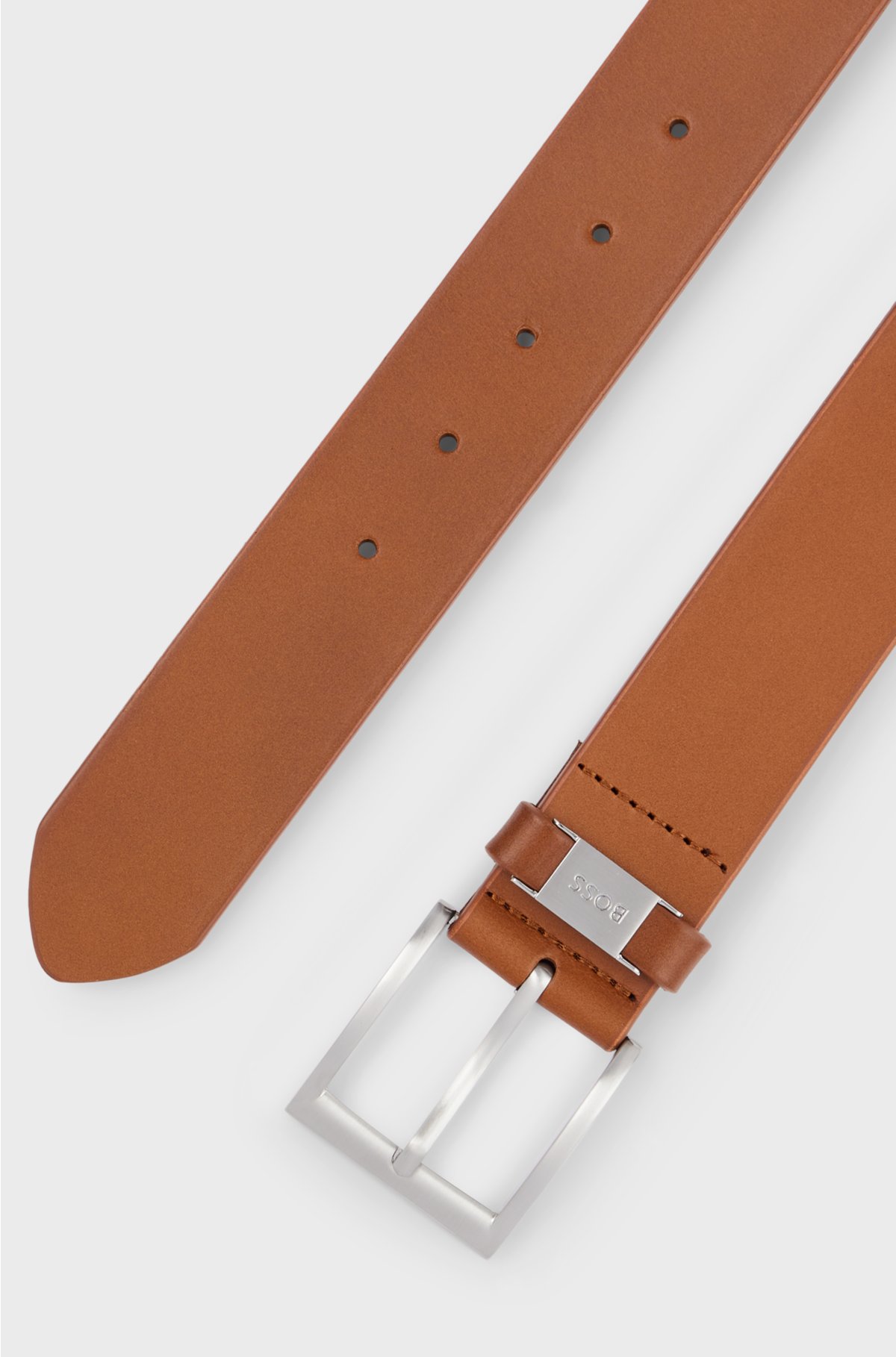 Italian-leather belt with logo keeper and brushed hardware, Brown
