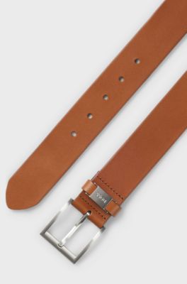 Italian-leather belt with logo keeper and brushed hardware, Brown