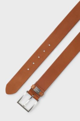 Cintura in pelle italiana con passante con logo e dettaglio in metallo spazzolato, Marrone