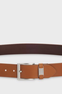 Italian-leather belt with logo keeper and brushed hardware, Brown