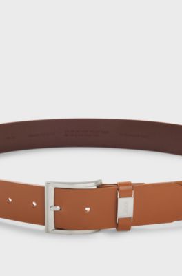 Ceinture en cuir italien avec passant logot&eacute; et d&eacute;tail m&eacute;tallique bross&eacute;, Marron