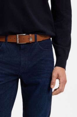 Italian-leather belt with logo keeper and brushed hardware, Brown