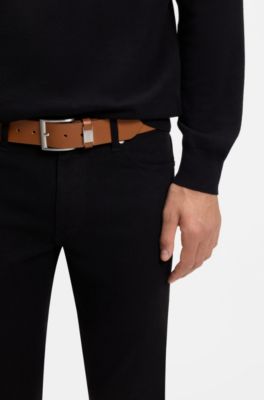 Cintura in pelle italiana con passante con logo e dettaglio in metallo spazzolato, Marrone