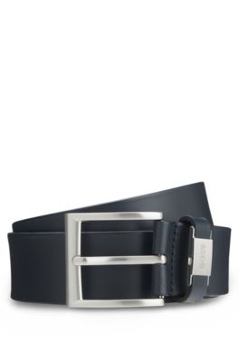 Italian-leather belt with logo keeper and brushed hardware, Dark Blue