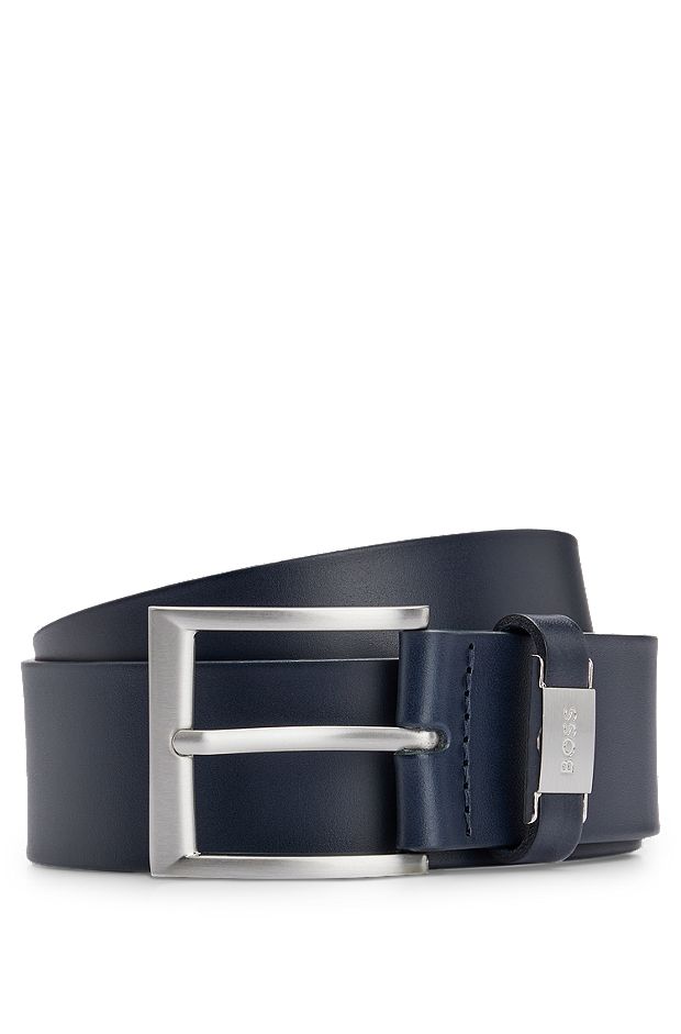 Italian-leather belt with logo keeper and brushed hardware, Dark Blue