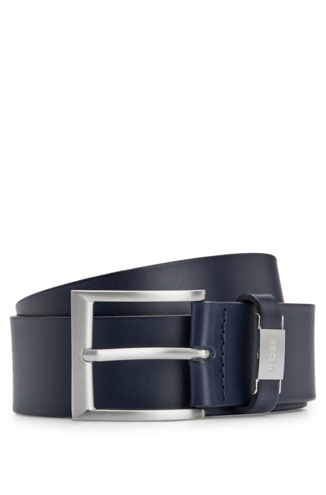 Italian-leather belt with branded metal trim, Dark Blue