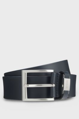 Italian-leather belt with logo keeper and brushed hardware, Dark Blue