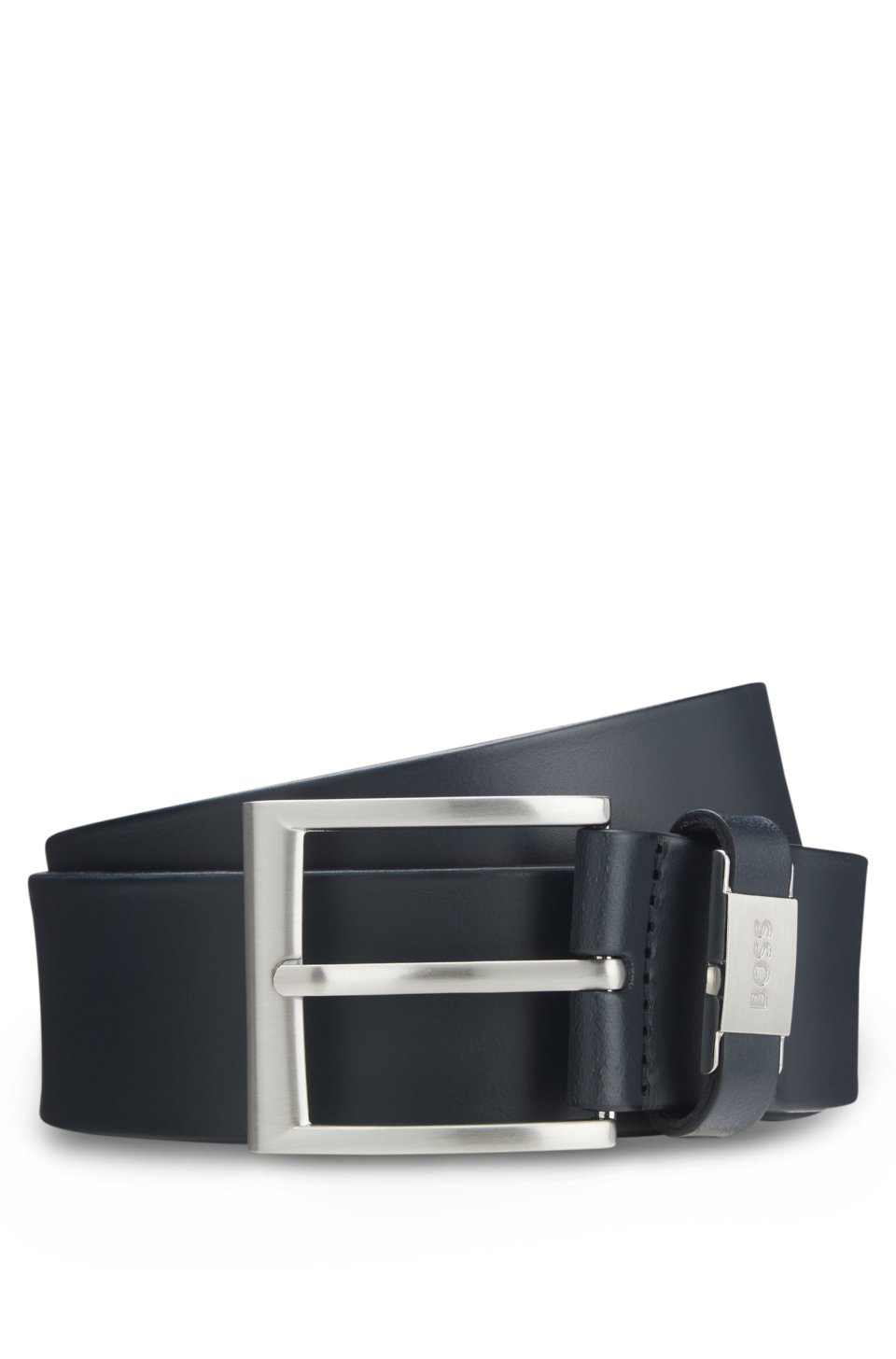 Italian-leather belt with logo keeper and brushed hardware