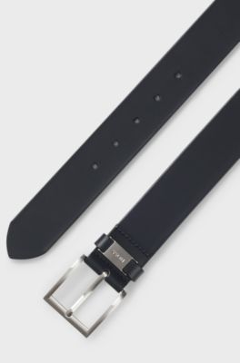 Cintura in pelle italiana con passante con logo e dettaglio in metallo spazzolato, Blu scuro