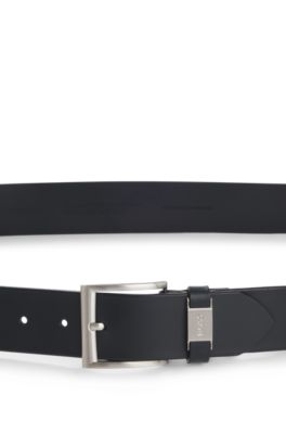 Italian-leather belt with logo keeper and brushed hardware, Dark Blue