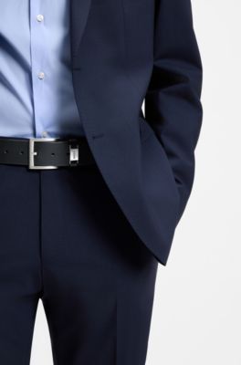 Cintura in pelle italiana con passante con logo e dettaglio in metallo spazzolato, Blu scuro