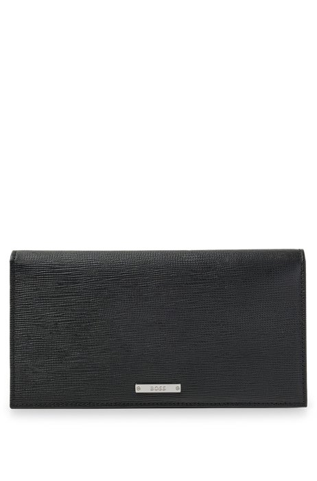 Embossed-leather long wallet with logo plate, Black
