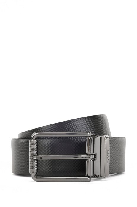 Reversible belt in structured and plain Italian leather, Black